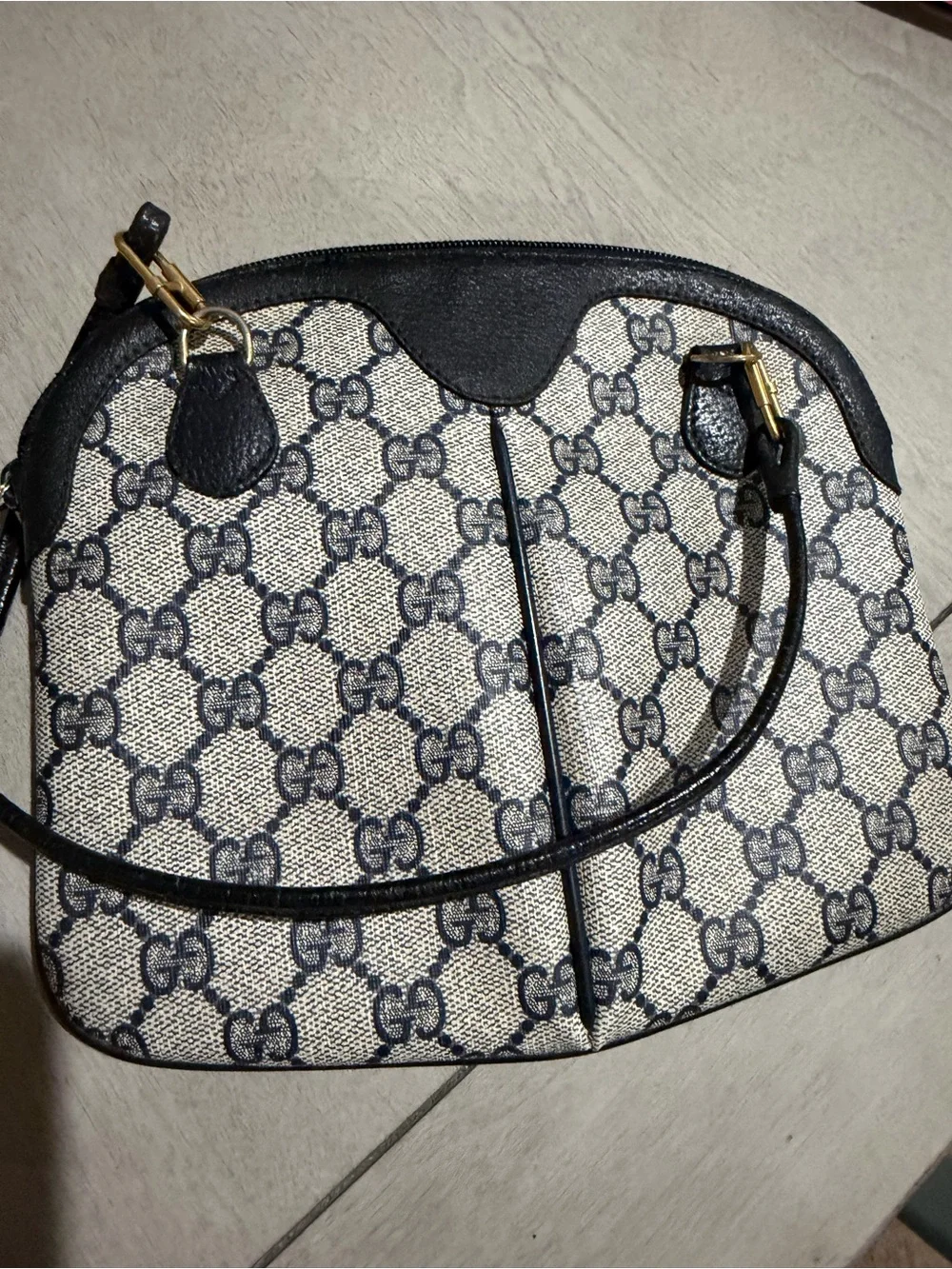 Gucci Beige Navy Monogram Crossbody with Red Web Stripe